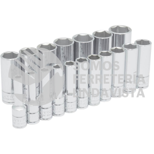52203 JUEGO DE DADOS LARGOS CUADRO DE 3/8", METRICOS, 6 PUNTAS, 18 PIEZAS URREA