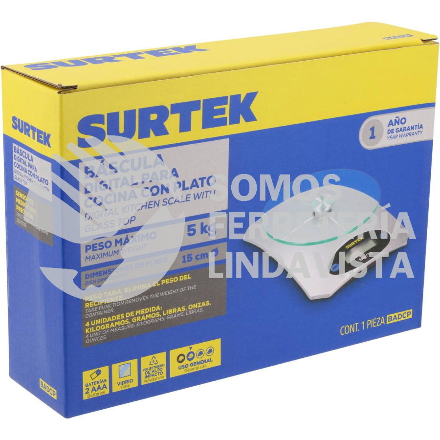 BADCP BÁSCULA DIGITAL PARA COCINA CON PLATO 5 KG SURTEK